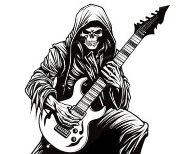 Skeleton playing Guitar white T shirt